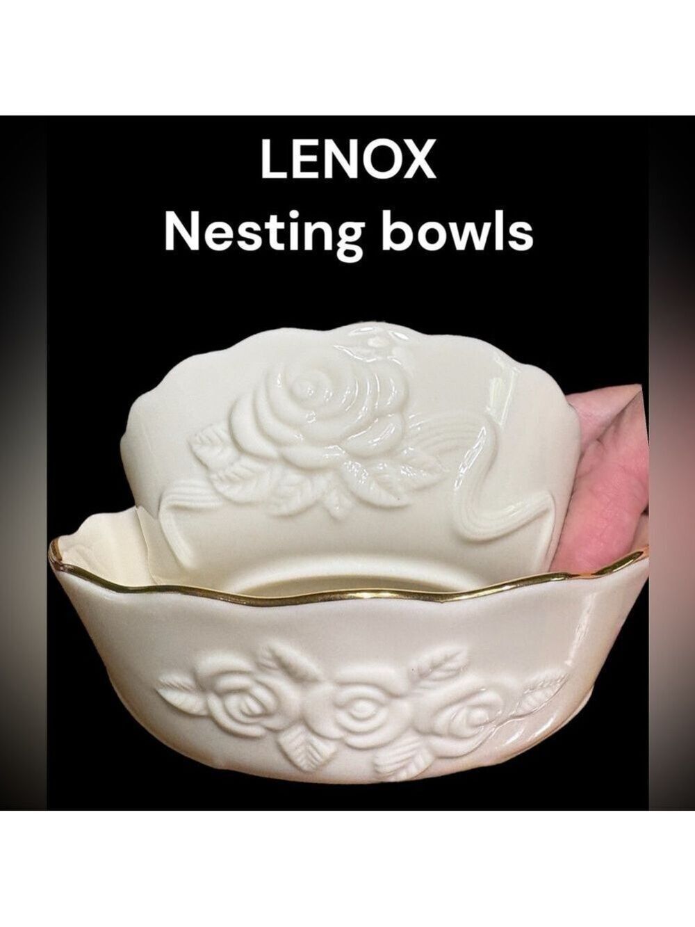 LENOX-2 porcelain nesting bowls. Rosebud Collection Rose Blossom Gold Trim. EUC!